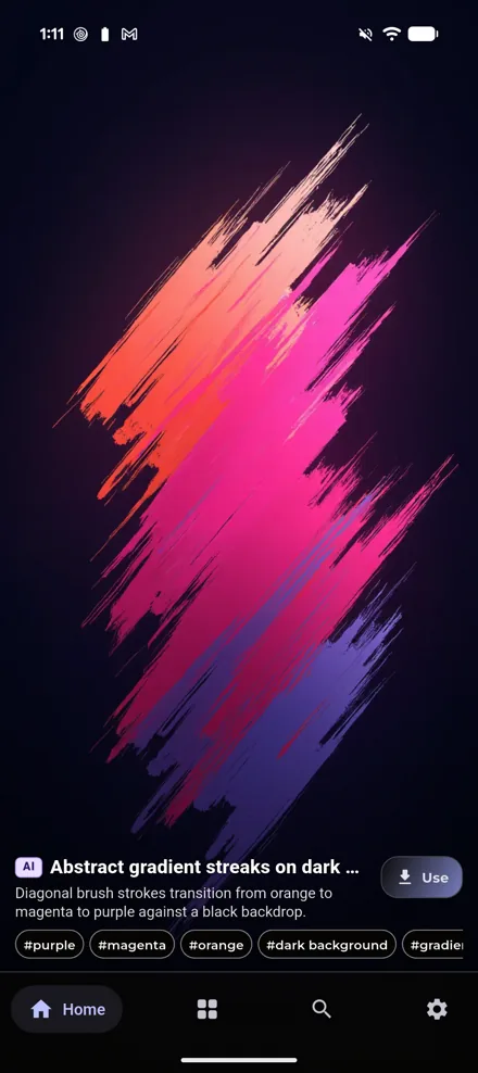 Paxpi showing an abstract orange, pink and purple wallpaper with a Use button